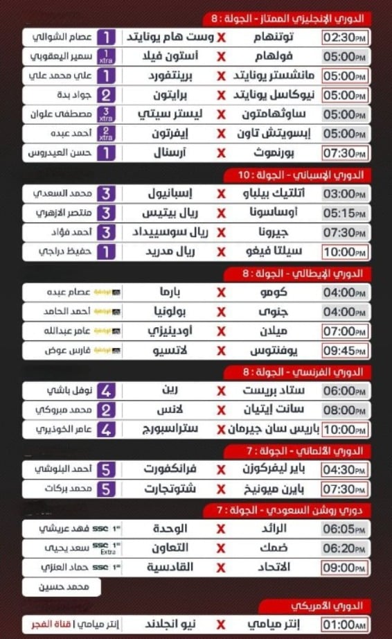 جدول مباريات اليوم السبت 19-10-2024 والقنوات الناقلة