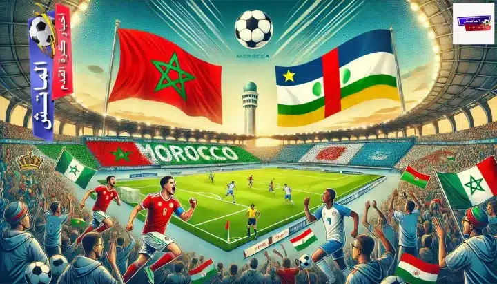 صورة لمباراة كرة القدم بين منتخب المغرب ومنتخب إفريقيا الوسطى، مع لاعبين بارزين في الملعب، حيث يتواجد الجمهور المتحمس ويظهر ألوان الفريقين.