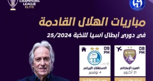 جدول مباريات الهلال القادمة في دوري أبطال آسيا للنخبة 2024-2025 والقنوات الناقلة
