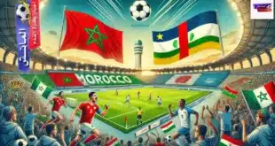 صورة لمباراة كرة القدم بين منتخب المغرب ومنتخب إفريقيا الوسطى، مع لاعبين بارزين في الملعب، حيث يتواجد الجمهور المتحمس ويظهر ألوان الفريقين.