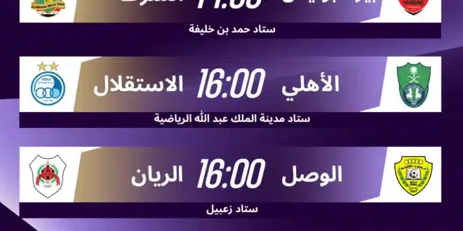 مواعيد مباريات دوري أبطال آسيا للنخبة اليوم الاثنين