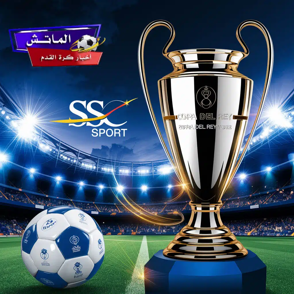 قنوات SSC Sport وكأس ملك إسبانيا 2025 داخل ملعب مضاء بالحماس، تعكس أجواء البطولة، مع تأثيرات بصرية احترافية وكرة قدم