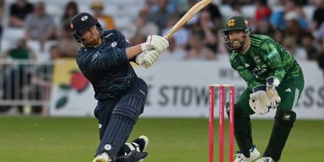 Jonny Bairstow plays a sweep shot for Yorkshire against Nottinghamshire