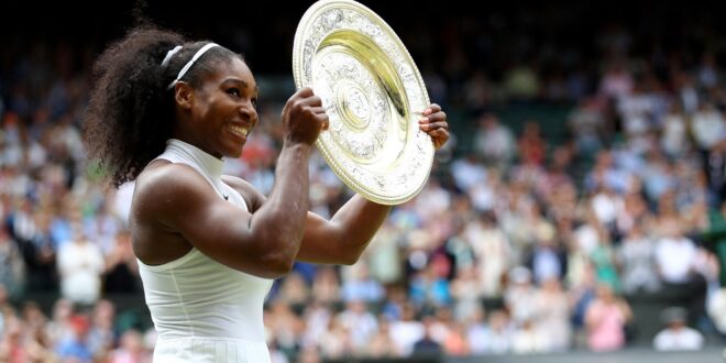 Serena Williams holds the Wimbledon women's singles trophy